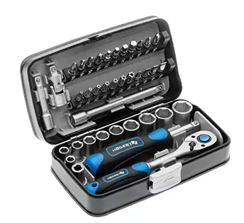 Högert Werkzeugset Werkzeugkoffer – Werkzeugsatz Werkzeug Tools Steckschlüsselsatz Schraubendreher Ratsche – Schwarz-blau, 1/4″, HT1R462, 38-tlg